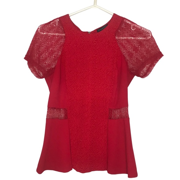 Dynamite Red Lace Sleeve Peplum Top - Picture 2 of 9